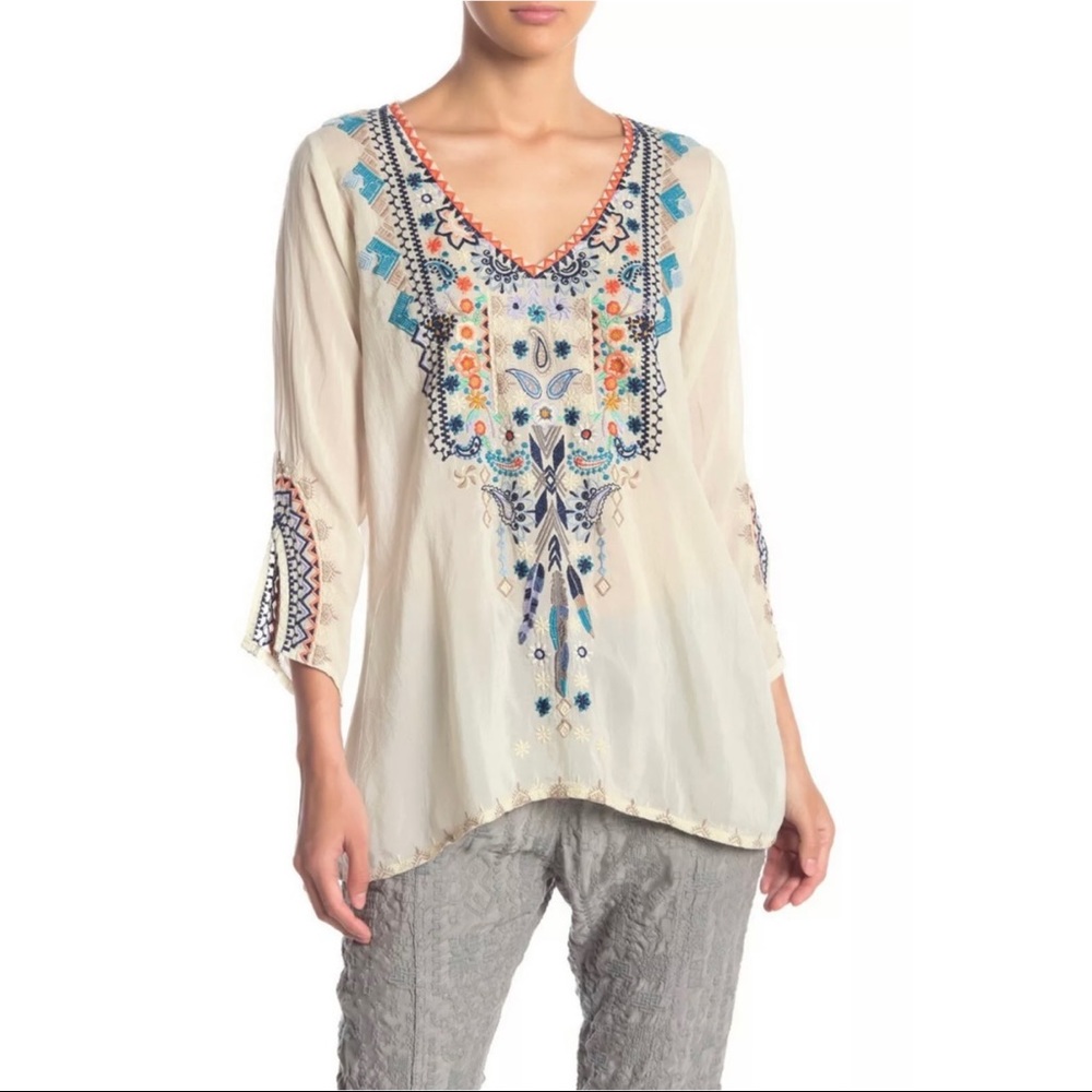 Johnny Was Maya Embroidered Sheer Blouse